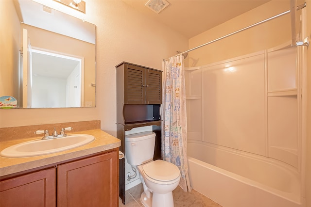 full bathroom with shower / bath combo, vanity, toilet, and tile patterned floors