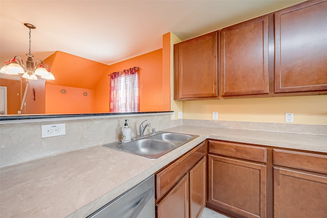 kitchen with sink, decorative light fixtures, dishwasher, a notable chandelier, and vaulted ceiling