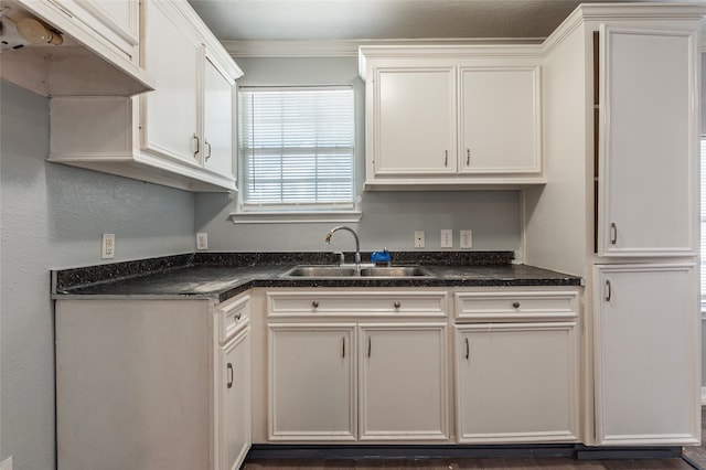 kitchen with crown molding, white cabinetry, and sink