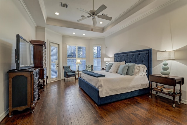 bedroom with ceiling fan, ornamental molding, dark hardwood / wood-style flooring, and multiple windows