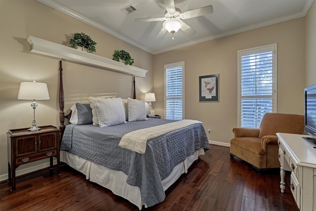 bedroom featuring crown molding, dark hardwood / wood-style flooring, and ceiling fan