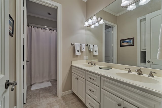 bathroom featuring a shower with curtain, crown molding, vanity, and tile patterned floors