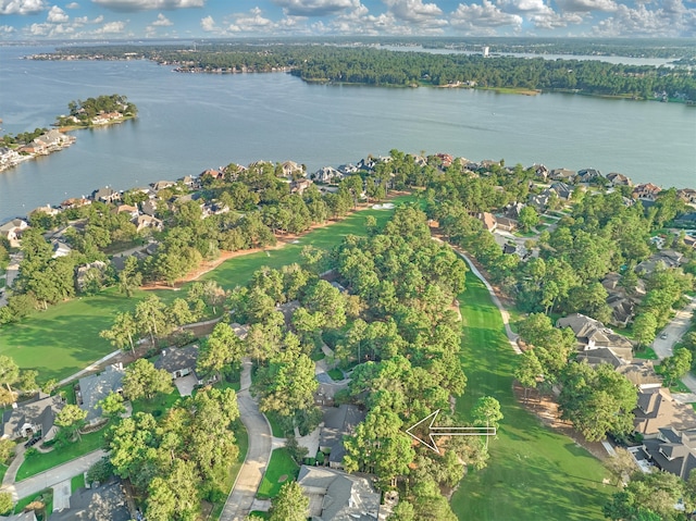 bird's eye view with a water view