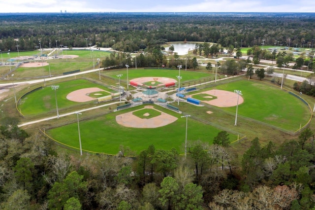 bird's eye view with a water view