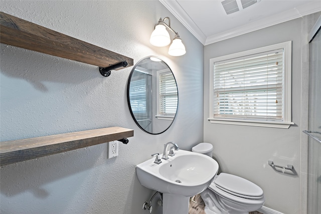 bathroom with sink, crown molding, and toilet