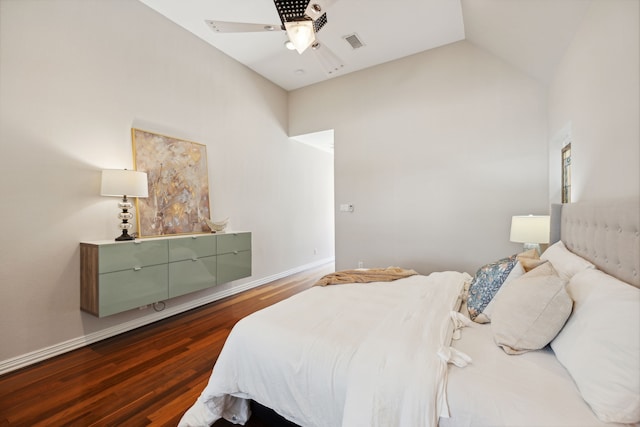 bedroom with high vaulted ceiling, wood-type flooring, and ceiling fan