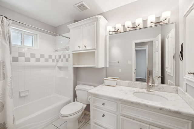 full bathroom featuring vanity, toilet, tile patterned floors, and shower / bath combination with curtain