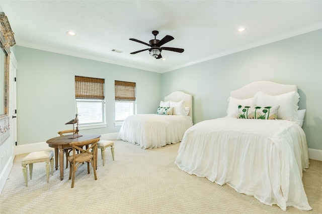 bedroom featuring ornamental molding, baseboards, recessed lighting, and carpet flooring