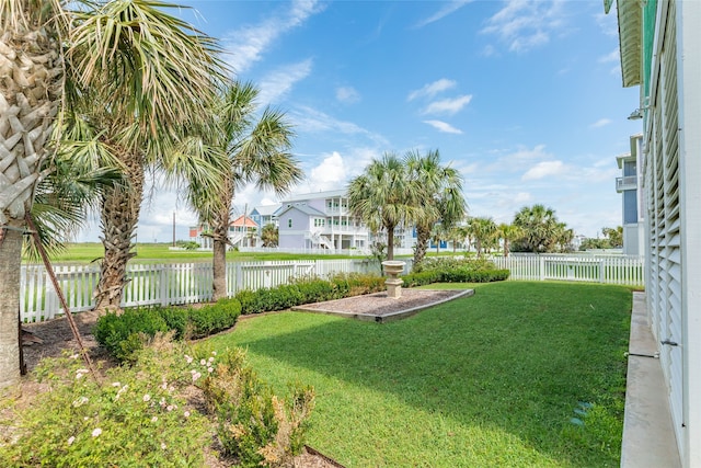 view of yard featuring a fenced backyard and a residential view