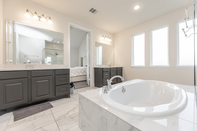 bathroom with vanity and separate shower and tub