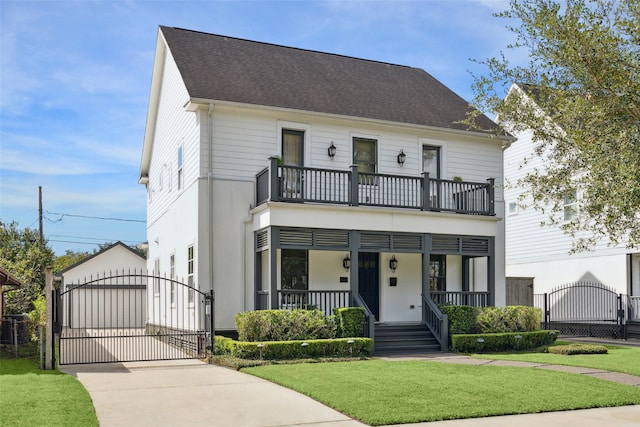 view of front of house featuring a balcony, covered porch, a front yard, and a garage