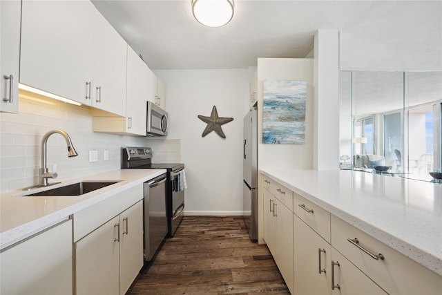 kitchen featuring light stone counters, sink, tasteful backsplash, dark wood-type flooring, and stainless steel appliances