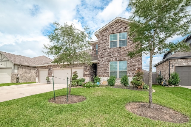 view of property featuring a garage and a front yard