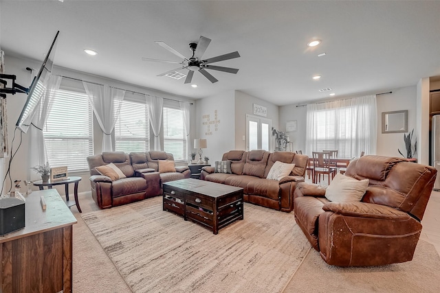 4731 Seabourne Landing Dr, Rosenberg, TX 77469 - living area featuring ceiling fan, recessed lighting, and light carpet