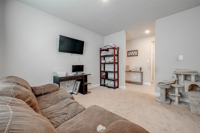 living room featuring light carpet