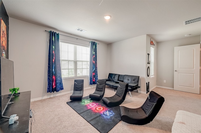 living area featuring carpet