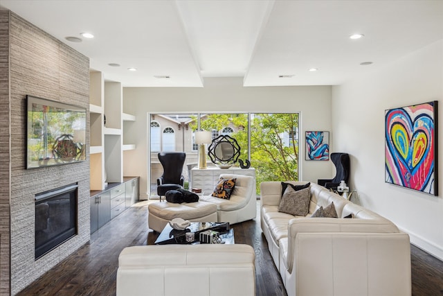 living room featuring dark hardwood / wood-style flooring and a stone fireplace