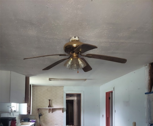 details with a textured ceiling and ceiling fan