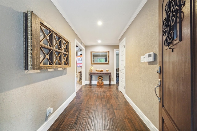 5 Tree Frog Dr, Houston, TX 77074 - corridor featuring crown molding, a textured wall, baseboards, and dark wood-style floors