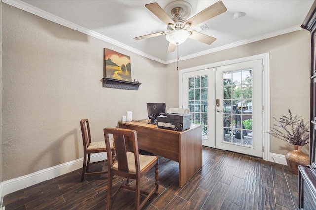 home office with ornamental molding, french doors, and dark wood-type flooring