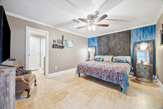 bedroom featuring baseboards, a ceiling fan, visible vents, and crown molding