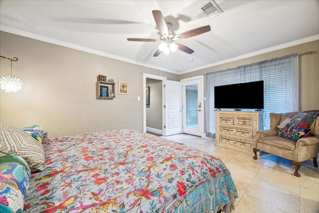 bedroom with access to outside, ceiling fan, and crown molding