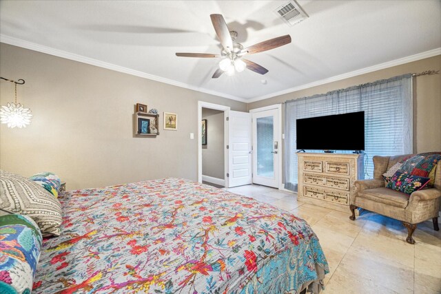 5 Tree Frog Dr, Houston, TX 77074 - tiled bedroom featuring crown molding, ceiling fan, visible vents, and access to exterior