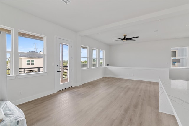 unfurnished living room featuring light hardwood / wood-style flooring and ceiling fan