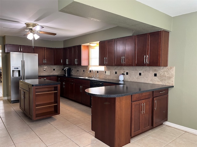 kitchen featuring decorative backsplash, a kitchen island, light tile patterned floors, ceiling fan, and stainless steel refrigerator with ice dispenser