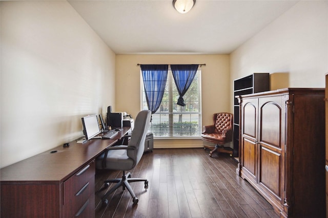 home office featuring dark hardwood / wood-style flooring