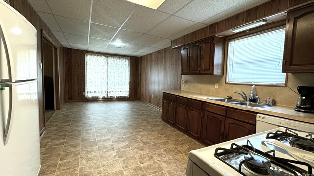 kitchen featuring white appliances, dark brown cabinetry, a paneled ceiling, wooden walls, and sink