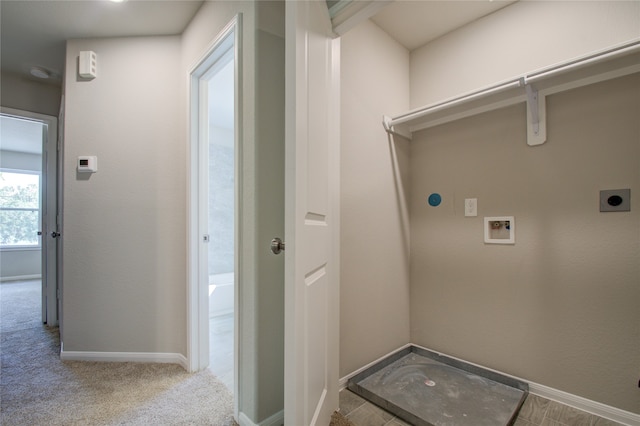 washroom with hookup for an electric dryer, light colored carpet, and hookup for a washing machine