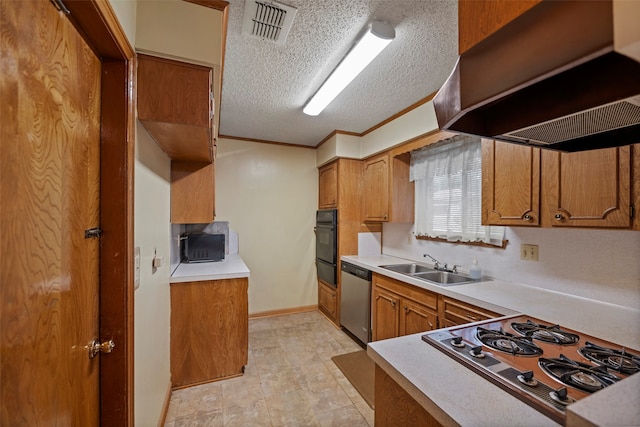 kitchen with exhaust hood, a textured ceiling, black appliances, ornamental molding, and sink