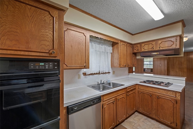 kitchen with a textured ceiling, light tile patterned flooring, sink, stainless steel appliances, and ornamental molding