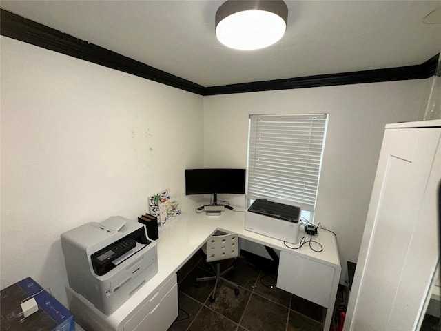 office featuring dark tile patterned flooring and ornamental molding