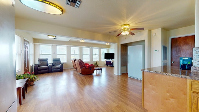 living room with light hardwood / wood-style flooring and ceiling fan