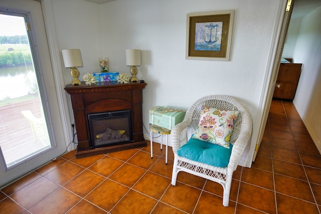 living area featuring dark tile patterned floors