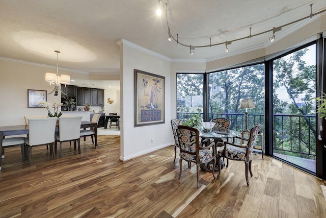 3350 Mccue Rd Unit 404, Houston, TX 77056 - dining space featuring a chandelier, plenty of natural light, baseboards, ornamental molding, and wood finished floors