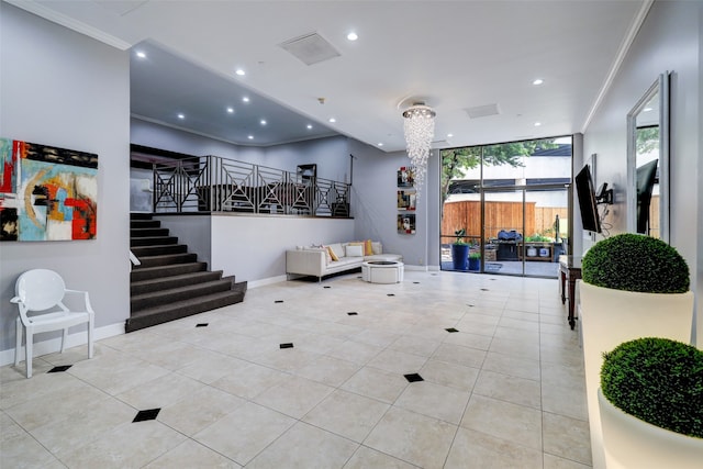 interior space with expansive windows, light tile patterned floors, an inviting chandelier, and ornamental molding