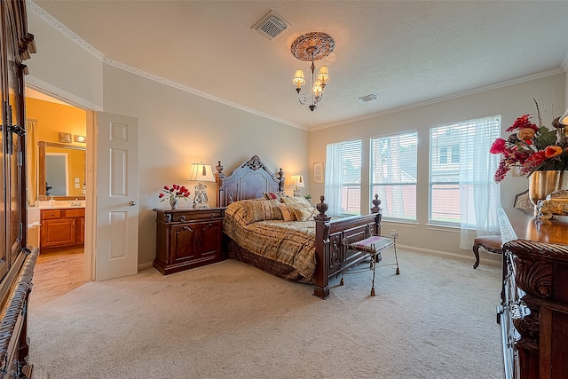 bedroom featuring ornamental molding, ensuite bath, light carpet, and a chandelier