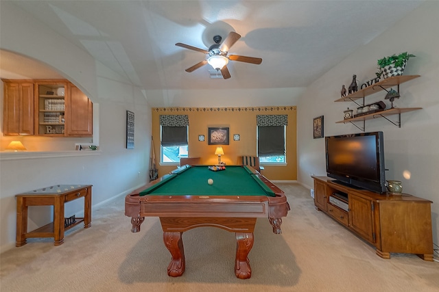 game room featuring ceiling fan, light colored carpet, and pool table