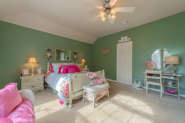 carpeted bedroom featuring ceiling fan and lofted ceiling