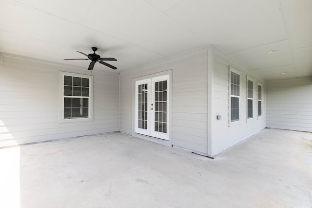 view of patio / terrace featuring ceiling fan and french doors