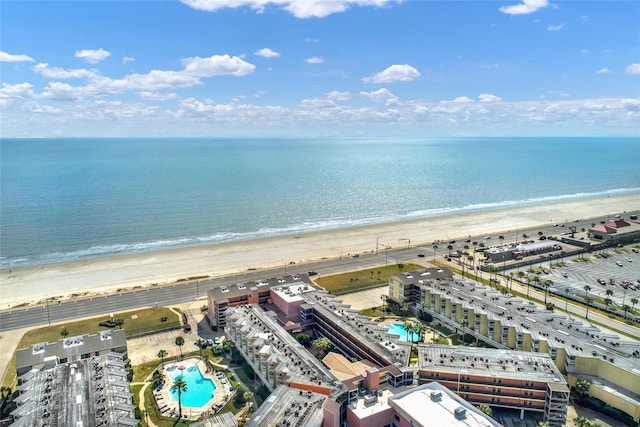 bird's eye view with a beach view and a water view