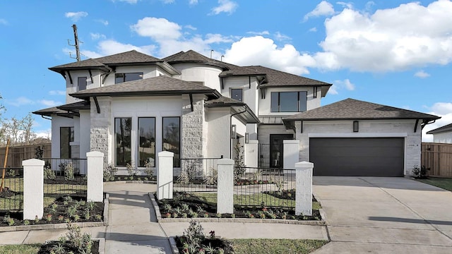 9022 Orchard Cv, Missouri City, TX 77459 - prairie-style home featuring stucco siding, fence, concrete driveway, an attached garage, and a shingled roof
