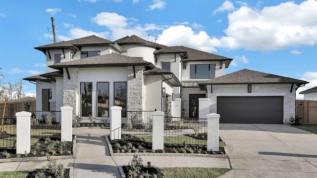 prairie-style home with a garage, concrete driveway, roof with shingles, and fence