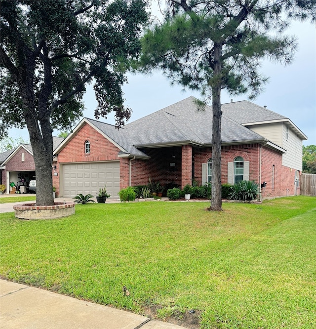 ranch-style house featuring a garage and a front yard