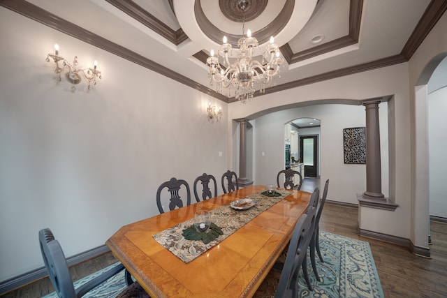 dining area featuring coffered ceiling, dark hardwood / wood-style flooring, ornate columns, crown molding, and an inviting chandelier