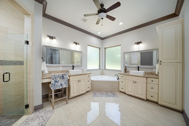 bathroom featuring independent shower and bath, vanity, ceiling fan, and ornamental molding