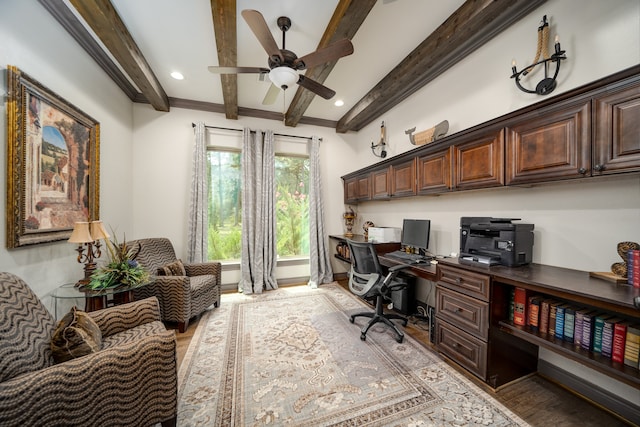 office with beam ceiling, ceiling fan, and light hardwood / wood-style floors